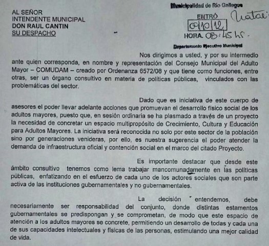 Nota enviada al ex intendente, Raúl Cantín. 