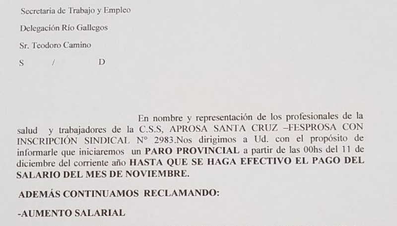 Nota presentada en la Secretaria de Trabajo