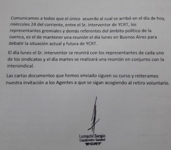 Nota enviada por la coordinación de YCRT.