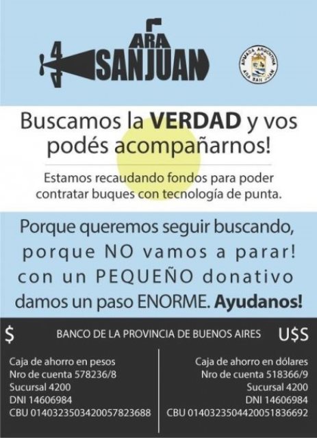 Los familiares de los tripulantes del ARA San Juan lanzan una colecta