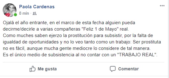 El posteo de Paola, una chica trans que se prostituye pero no quiere aceptar que ese sea su trabajo.