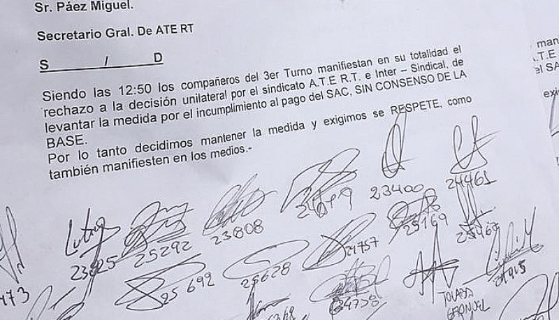 Nota enviada al secretario general de ATE, Miguel Páez. (Foto: En Tiempo Real)