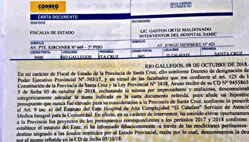 La carta documento es de ayer, la anterior fue el 3 de octubre