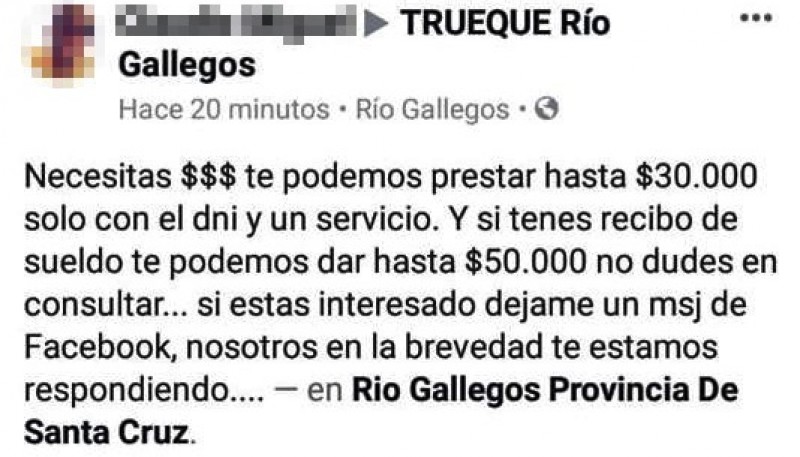 La captura sobre el cuestionado anuncio de préstamos por la red social. (Facebook)