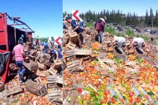 Vecinos aprovecharon de juntar verduras del camión volcado.