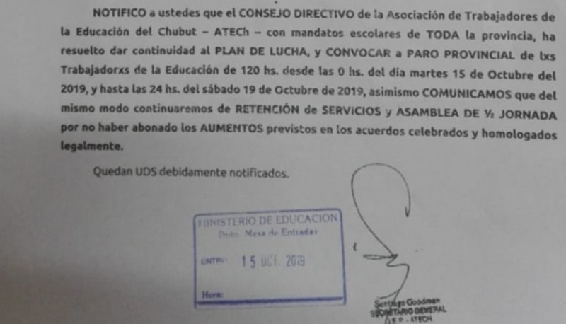 Comunicado donde informan las 120 horas de paro. 