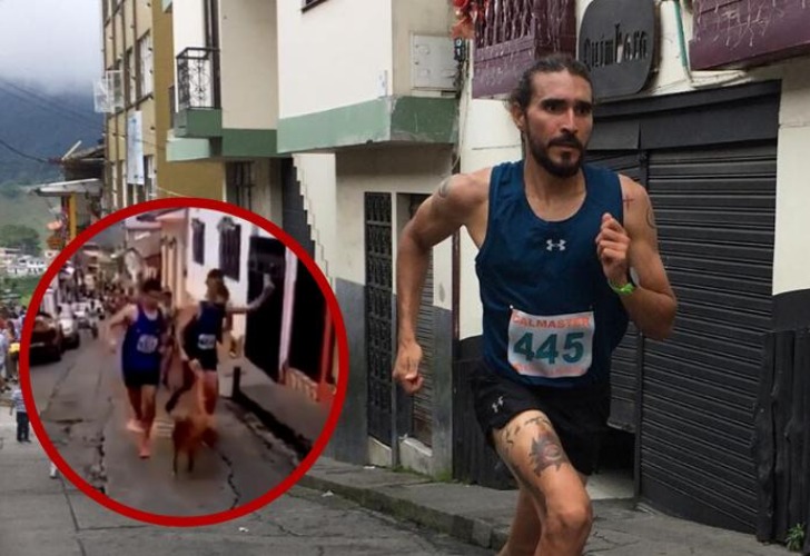 Captura de video del momento en que el atleta patea al perro. 