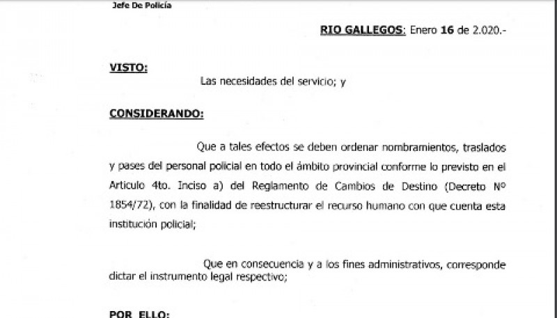 Radiograma emitido a todo el personal policial por Jefatura de Policía.