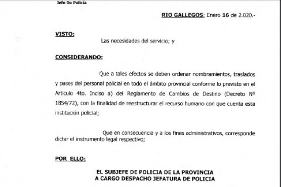 Radiograma emitido a todo el personal policial por Jefatura de Policía.