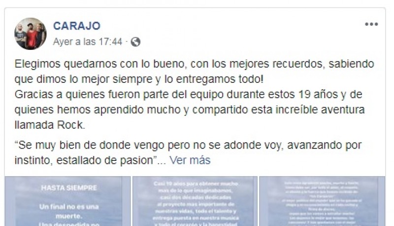 Carajo anunció su separación a través de Facebook.