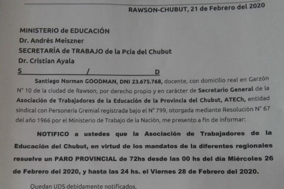 La notificación sobre el paro docente en Chubut. 
