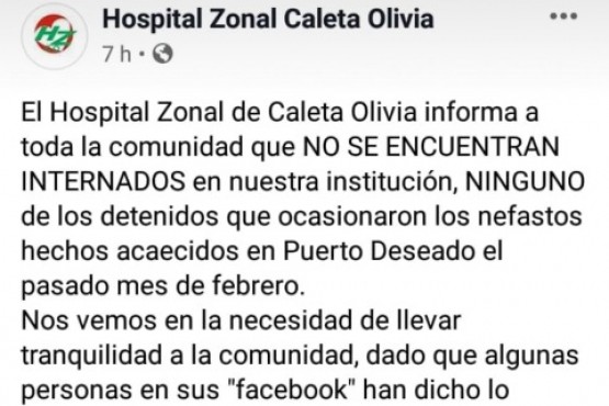 Captura del comunicado emitido por el Hospital de Caleta Olivia. 