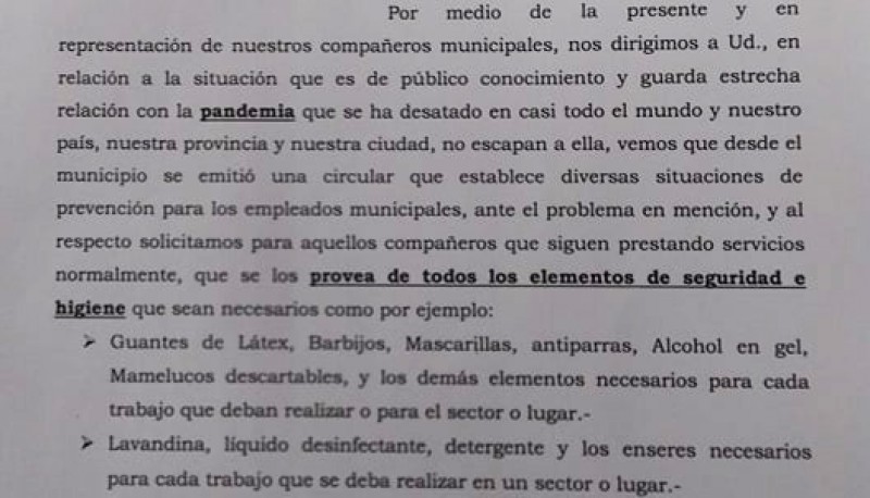 SOEM le pide a Grasso elementos de seguridad e higiene. 