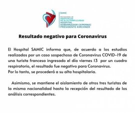 Turista francesa dio negativo para Coronavirus en El Calafate