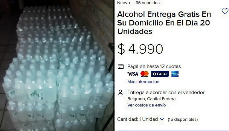 Alcohol etílico que se vende por Mercado Libre. 