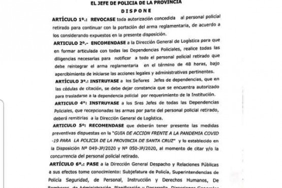 Extracto de la disposición con firma del Comisario General (R)José Luis Cortés. 