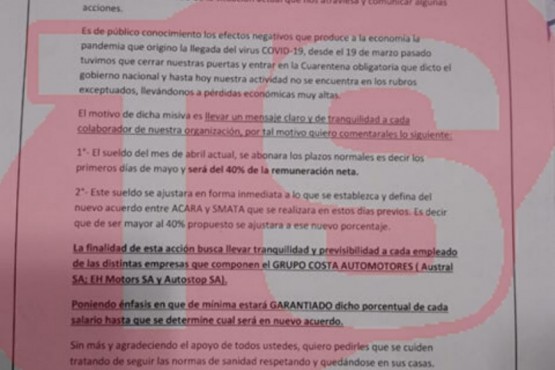 Comunicado a trabajadores.