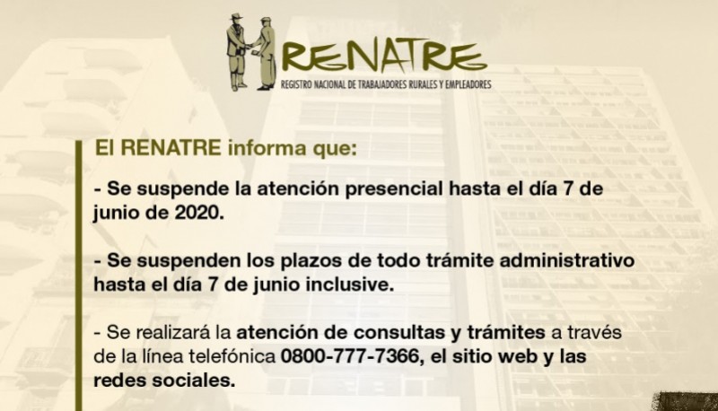 El RENATRE extiende la atención a distancia hasta el 7 de junio