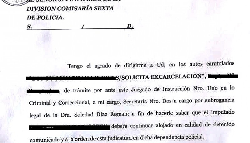 Oficio en el que le niegan la excarcelación al imputado.    