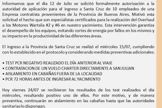 Cerro Vanguardia confirmó un caso positivo de Coronavirus en un trabajador contratista