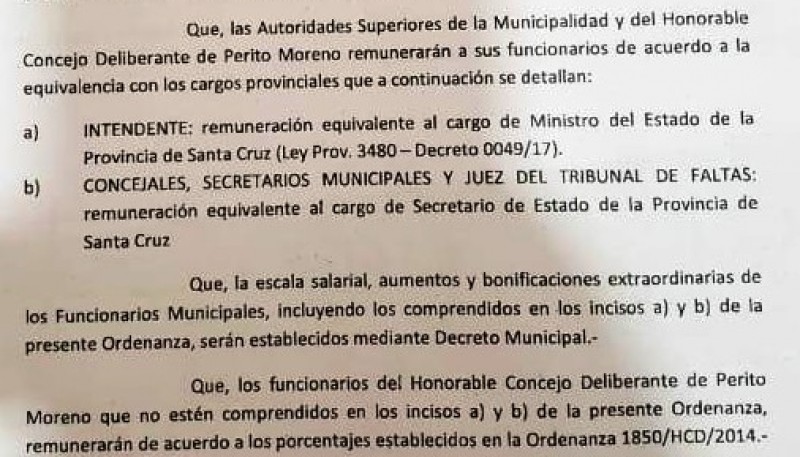 Proyecto que aumentó los sueldos, aprobado por los ediles de Perito Moreno. 