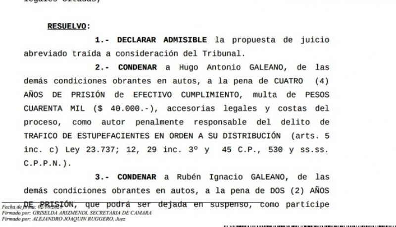 Extracto de la sentencia condenatoria. 