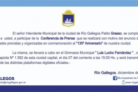 Río Gallegos| Conferencia de Prensa que presidirá el Intendente Grasso con motivo del Aniversario 135 de la Ciudad