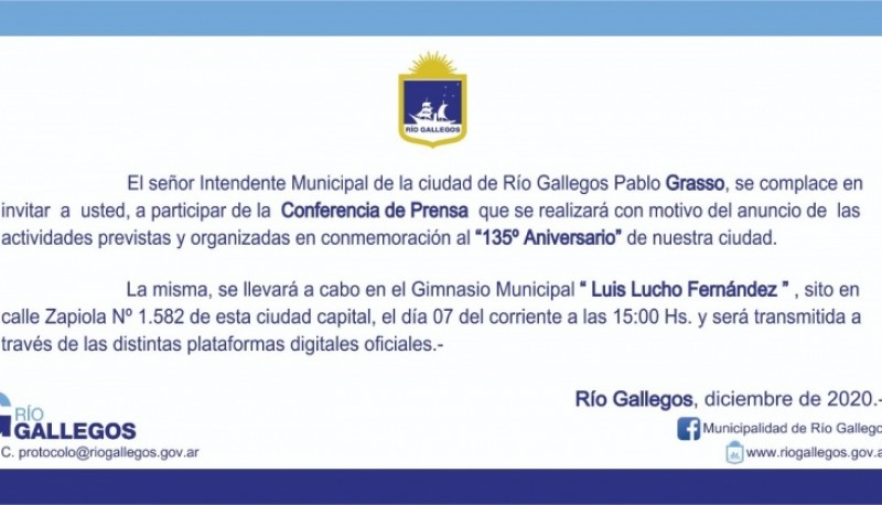 Río Gallegos| Conferencia de Prensa que presidirá el Intendente Grasso con motivo del Aniversario 135 de la Ciudad