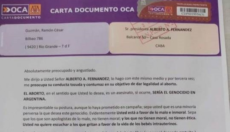Ramón César Guzmán, de Río Grande, le mandó una Carta Documento al presidente Alberto Fernández por su postura sobre el aborto.