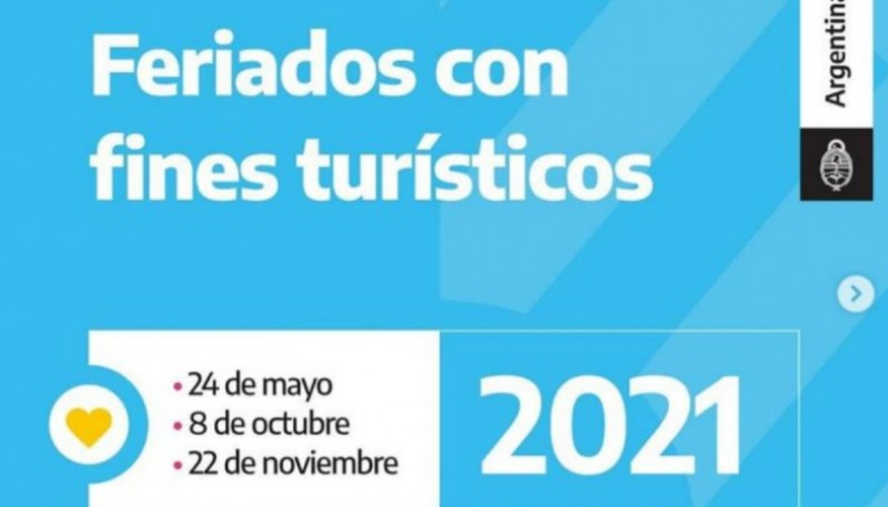 Finalmente, los feriados con fines turísticos, serán el 24 de mayo, 8 de octubre y el 22 de noviembre.