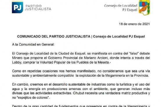 Esquel| Comunicado del Partido Justicialista 