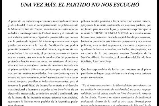 Referentes de la meseta criticaron al PJ Chubut por posicionamiento en contra de la minería