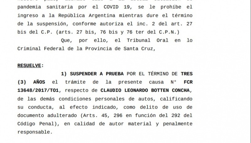 Extracto del fallo emitido por el Tribunal Federal de Río Gallegos.