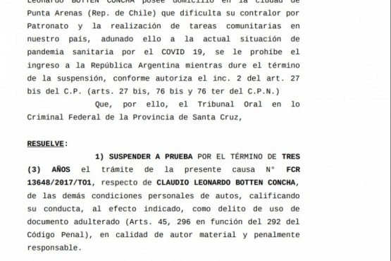 Extracto del fallo emitido por el Tribunal Federal de Río Gallegos.