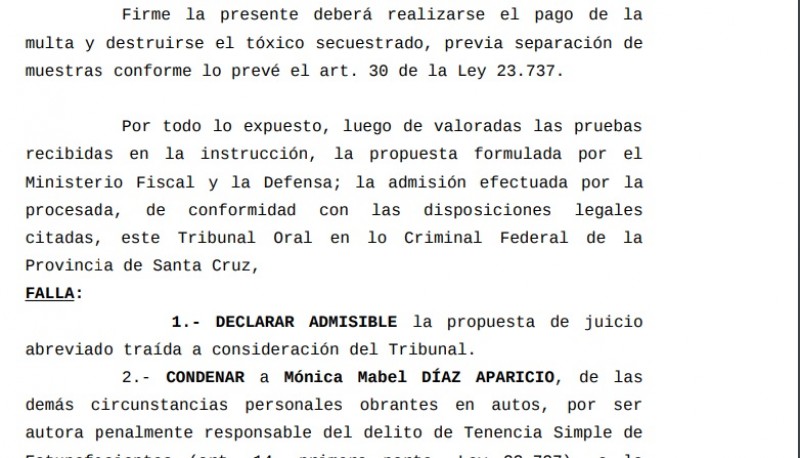 Extracto de la sentencia condenatoria del Tribunal Oral. 