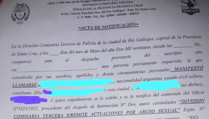 Oficio de notificación de la prohibición de acercamiento.