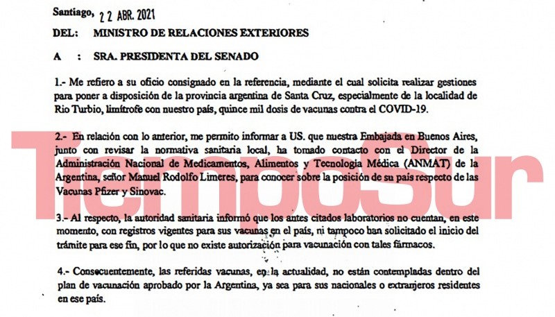 La misiva del Canciller al Senado, que explica por qué no se aceptaron las vacunas. 