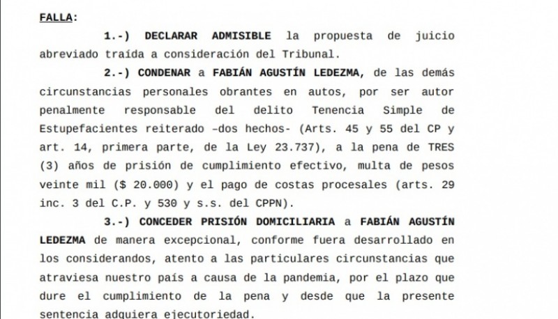 Extracto de la sentencia condenatoria.