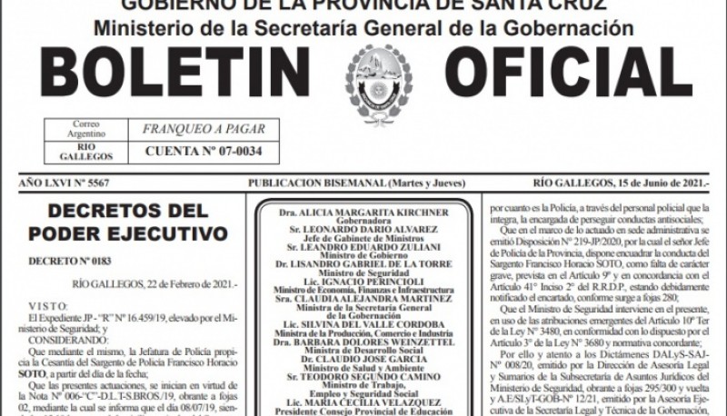 Extracto del Boletín Oficial donde se declara cesante al bombero.