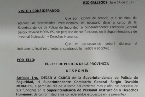 Disposición en la que se pone a cargo a Morales de la Policía de Seguridad.