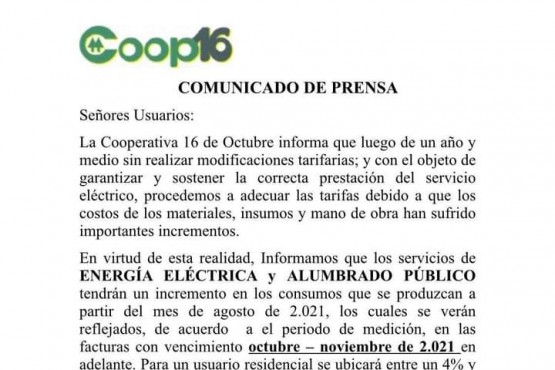 La Cooperativa 16 de Octubre anunció actualización en la tarifa de energía eléctrica 