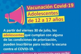 Chubut abre este viernes la inscripción de adolescentes priorizados para la vacunación contra el COVID-19
