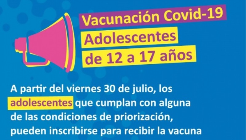 Chubut abre este viernes la inscripción de adolescentes priorizados para la vacunación contra el COVID-19