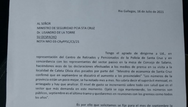 Misiva entregada al Ministro de Seguridad.