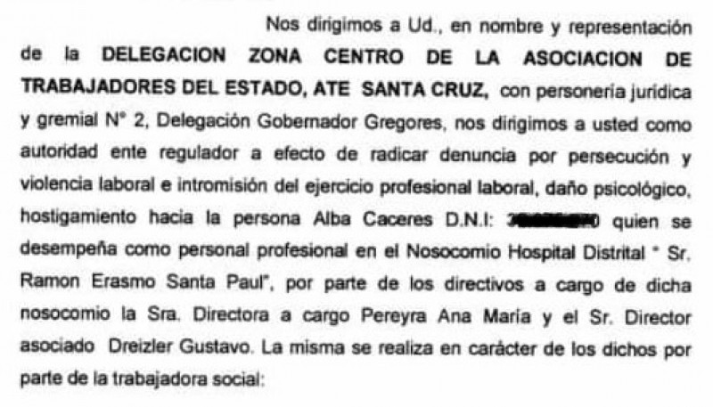 Extracto de la denuncia realizada ante el Ministerio de Trabajo.