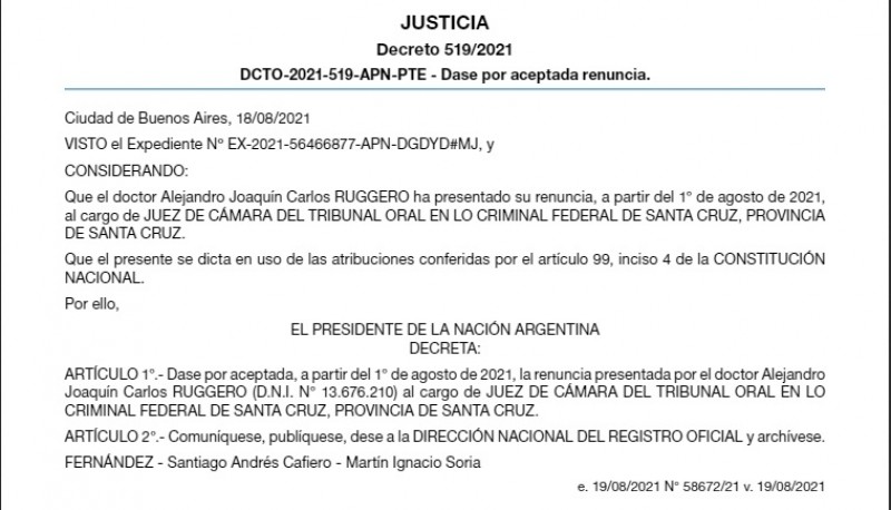 Boletín Oficial donde se acepta la renuncia de Ruggero.