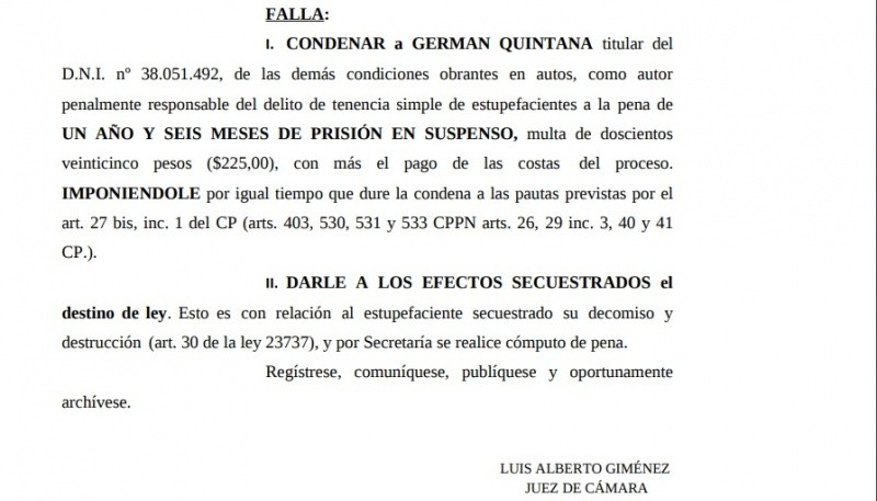 Extracto de la sentencia contra Quintana.
