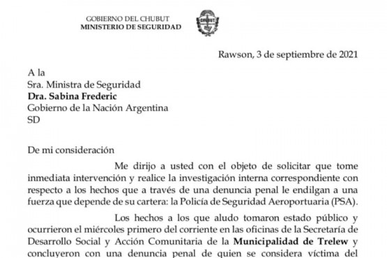 La nota que envió el Ministro de Seguridad de Chubut.