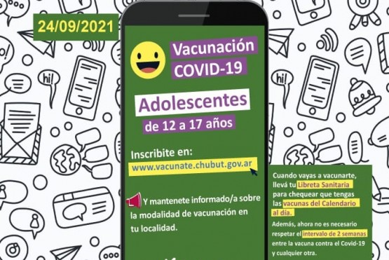 Chubut vacunará a adolescentes de entre 12 y 17 años.