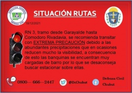 Defensa Civil recomienda transitar con extrema precaución en el tramo Garayalde- Comodoro Rivadavia 
